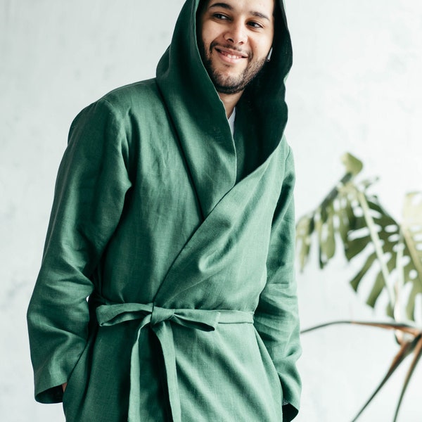 Linen Robe for Men - Bathrobe with Hood - Linen Bathrobe - Men's Dressing Gown - Linen Dressing Gown - Perfect Gift for Husband, Couple