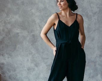 Linen Jumpsuit - Black Bohemian Jumpsuit - Summer Jumpsuit - Strappy Linen Overalls - Natural Linen Romper - Wide Leg Jumpsuit One Piece