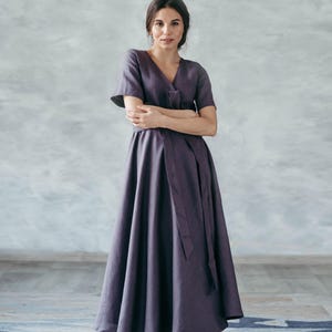 Modest Linen Wrap Dress · Maxi Boho Linen Dress for Fall Weddings, Elopements and Bridesmaids