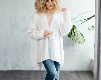 Chemise en lin blanc - Chemise tunique en lin - Haut chemisier en lin blanc - Chemise décontractée à manches longues pour femmes - Chemise d’été - Chemise Boho en lin