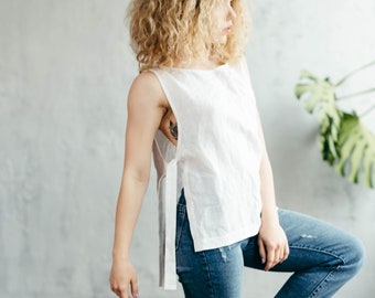 Linen Top - White Linen Top - Casual Top - Summer Top - Cut Out Top - Linen Tank Top - Loose Linen Top - Linen Blouse