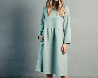 Linen Dresses for Women - Basic Dress with Pockets - Midi Linen Dress - Long Sleeve Smock - Oversized Linen Dress - Cottagecore Dress