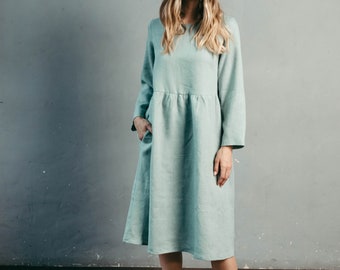 Long Sleeve Linen Dress - Casual Linen Smock Dress - Oversized Linen Dress - Basic Midi Dress with Pockets - Plus Size Dresses