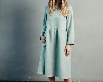 Long Sleeve Linen Dress - Casual Linen Smock Dress - Oversized Linen Dress - Basic Midi Dress with Pockets - Plus Size Dresses