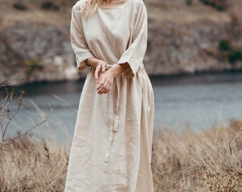 Linen Kaftan Dress - Loose Linen Dress with Pockets - Long Sleeve Linen Dress - Flax Clothing - Plus Size Linen Dress - Prairie Style Dress