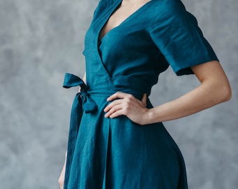 Pure Linen Wrap Dress - Autumn Dress with Pockets - A Line Midi Spring Summer Dress - Blue Vintage Cocktail Dress - Flax Dress