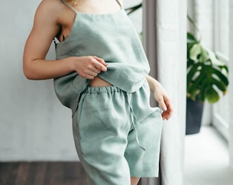 Pajama Shorts Set - Pyjama Set for Women - Ladies Linen Pajamas - Gift for Mum - Linen Vest and Shorts Co-ord Set - Linen Loungewear