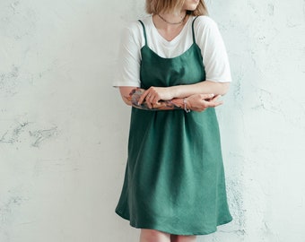 Vestido lencero de lino - Vestido camisola de lino con tirantes - Vestido básico de lino - Falda midi de lino - Camisón de lino - Vestido midi verde