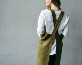 Pinafore Apron - Linen Apron - Apron with Pockets - Cross Back Apron - XL Smock Apron