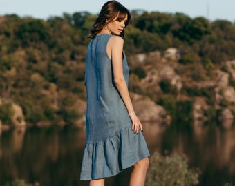 Vestido de lino, Vestido de verano, Vestido casual, Vestido boho, Vestido asimétrico, Ropa de lino natural, Vestido tanque, Vestido básico