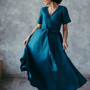 Long Linen Wrap Dress with Full Skirt -  Bohemian Bridesmaid Dress for Summer Weddings - Premium Sustainable Clothing