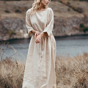 Linen Kaftan Dress - Loose Linen Dress with Pockets - Long Sleeve Linen Dress - Flax Clothing - Plus Size Linen Dress - Prairie Style Dress