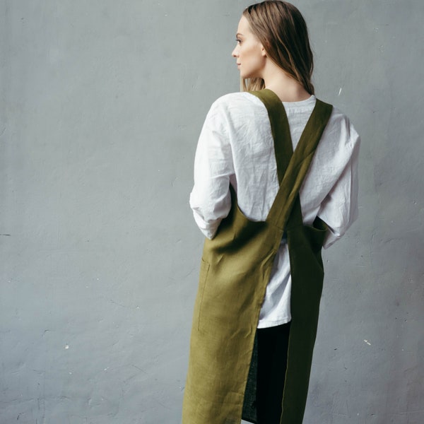 Pinafore Apron - Linen Apron - Apron with Pockets - Cross Back Apron - Smock Apron