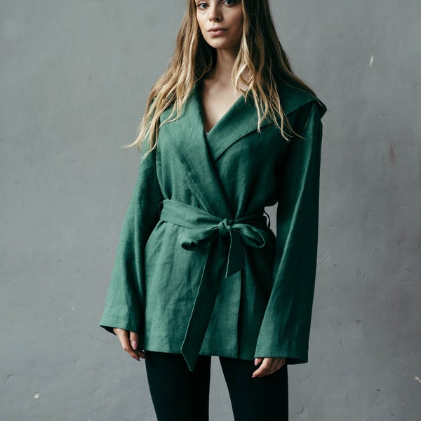Linen Jacket for Women - Kimono Jacket - Linen Cardigan - Hooded Linen Jacket - Ladies Casual Belted Jacket - Slow Fashion Sustainable