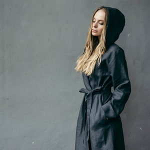 Long Linen Robe - Hooded Bathrobe - Men&#39;s Women&#39;s Robe - Couple&#39;s Linen Bathrobes - 4th Wedding Anniversary Gift - Linen Dressing Gown