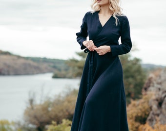 Long Sleeve Linen Wrap Dress | Navy Bridesmaid & Wedding Guest Dress