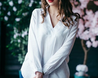 Linen Blouse - White Linen Tunic - Linen Shirt for Women - White Linen Top - Casual Shirt for Women - Asymmetric Shirt - Maternity Blouse