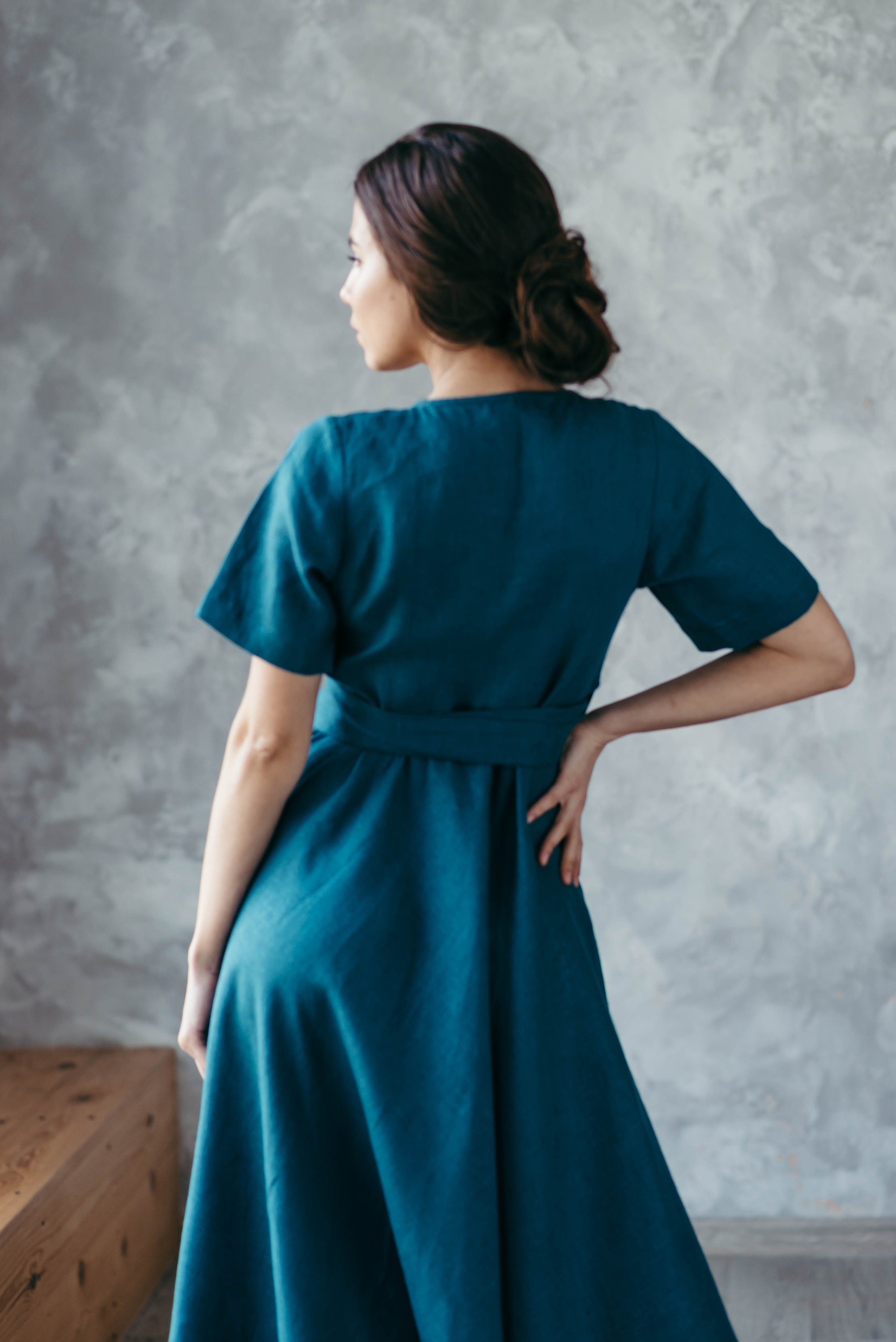 Pure Linen Wrap Dress With Pockets A Line Midi Spring Summer Etsy UK