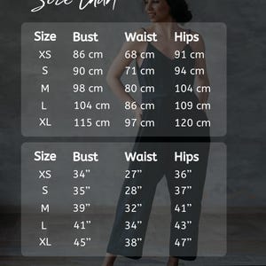 Linen wedding dress size chart with bust, waist, and hip measurements