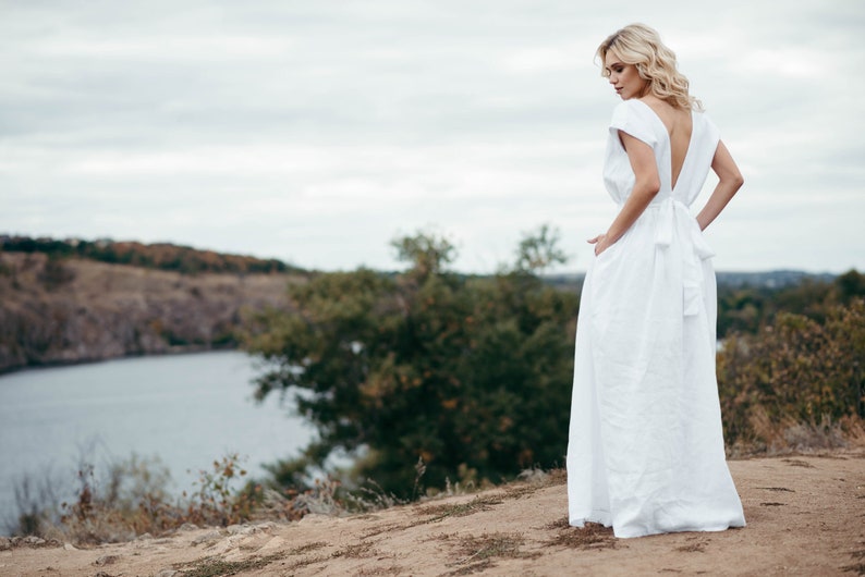 Linen Wedding Dress White Linen Maxi Dress Simple Wedding Gown Eco Wedding Dress Elopement Dress Boho / Beach Wedding Dress image 1