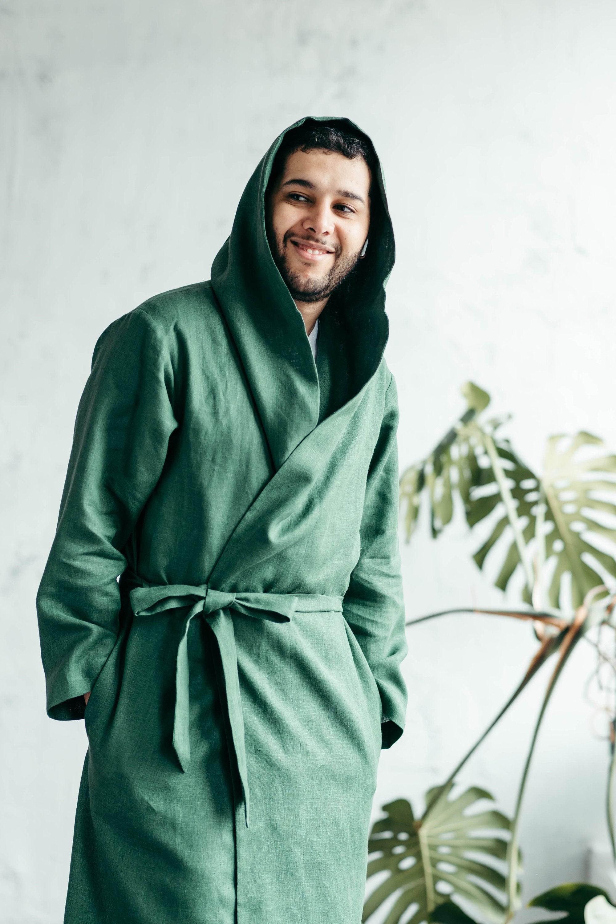 Linen Robe for Men Natural Loungewear Green Dressing Gown 