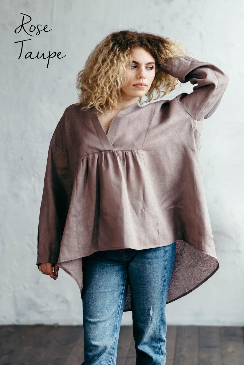 Rose taupe linen blouse women side view