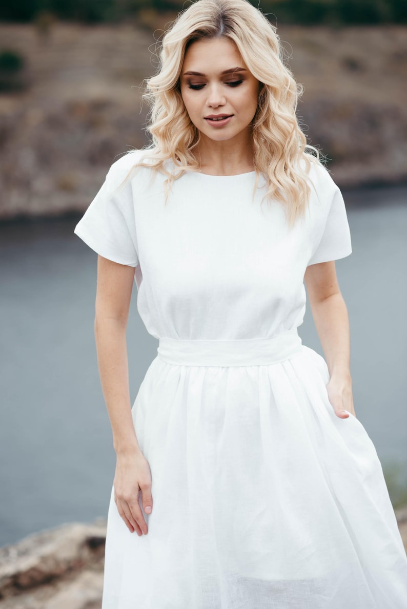 Linen wedding dress, back view showing waist tie detail