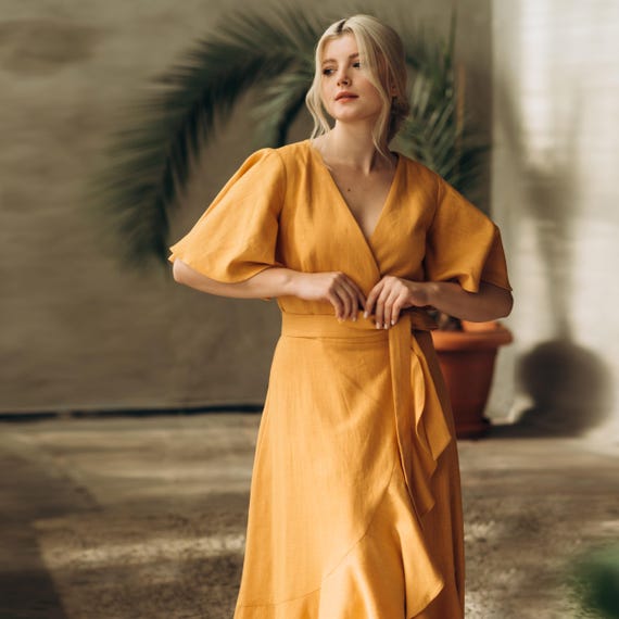 Linen Wrap Dress  Long Boho Linen Dress for Bridesmaids, Elopements,  Wedding Guests  Yellow Maxi Dress - Etsy