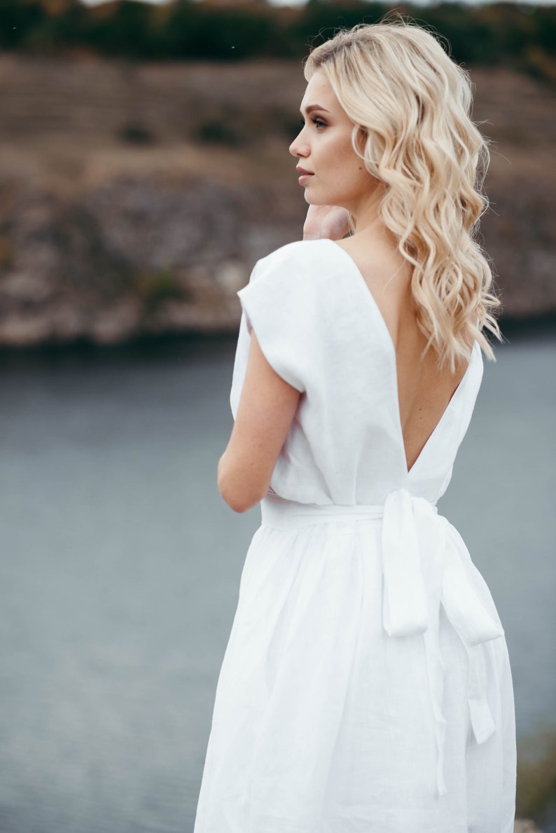 Linen Wedding Dress White Linen Maxi Dress Simple Wedding Gown Eco Wedding Dress Elopement Dress Boho / Beach Wedding Dress image 2