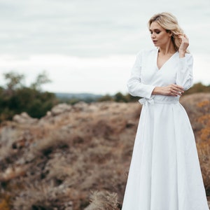 Linen Wedding Dress Wedding Dress with Pockets Simple White Dress with Sleeves Long Linen Wrap Dress Alternative Wedding Dress image 4