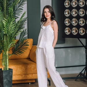 Pyjama Set Women - Linen Pajamas Set - Linen Pajama Pants Cami Top - Loose Linen Pants - Linen Loungewear Set - Washed Linen Lounge Set