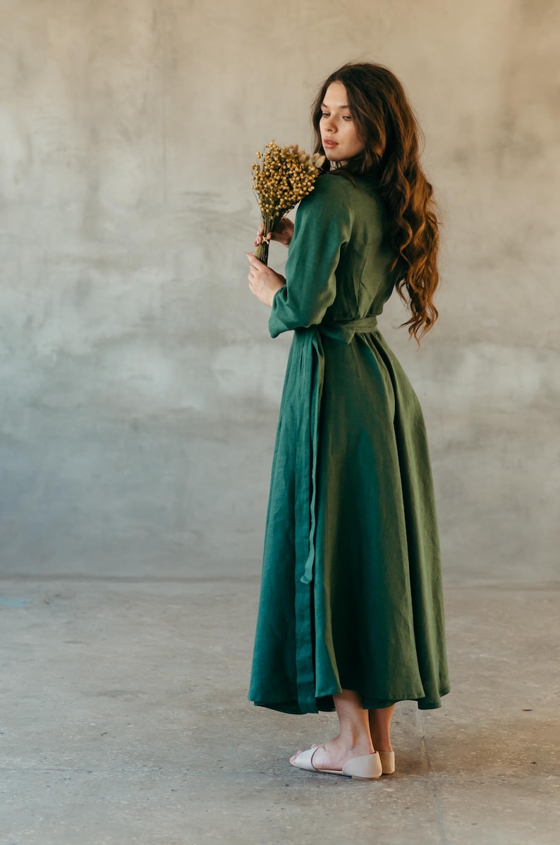 Dark green long sleeve linen wrap dress, full length front view
