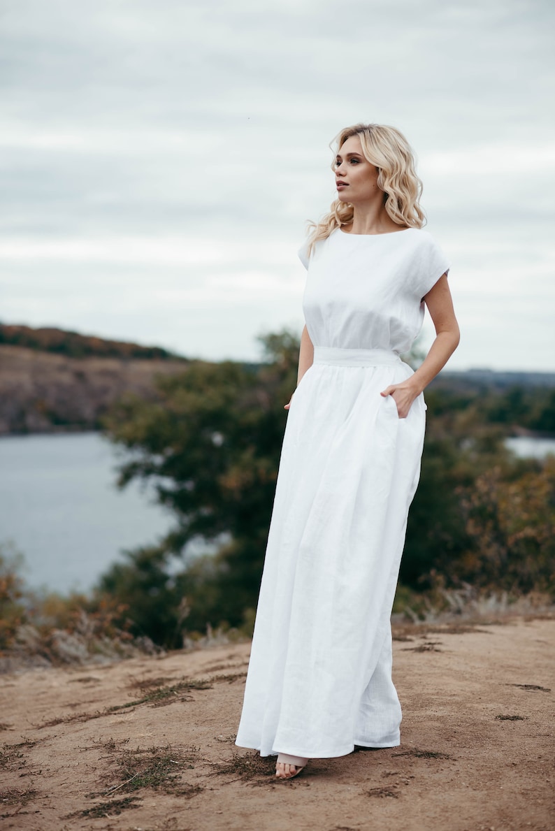 Linen Wedding Dress White Linen Maxi Dress Simple Wedding Gown Eco Wedding Dress Elopement Dress Boho / Beach Wedding Dress image 3