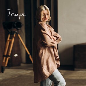 Front view of a taupe linen top for women, blending neutral tones with a timeless, versatile style.