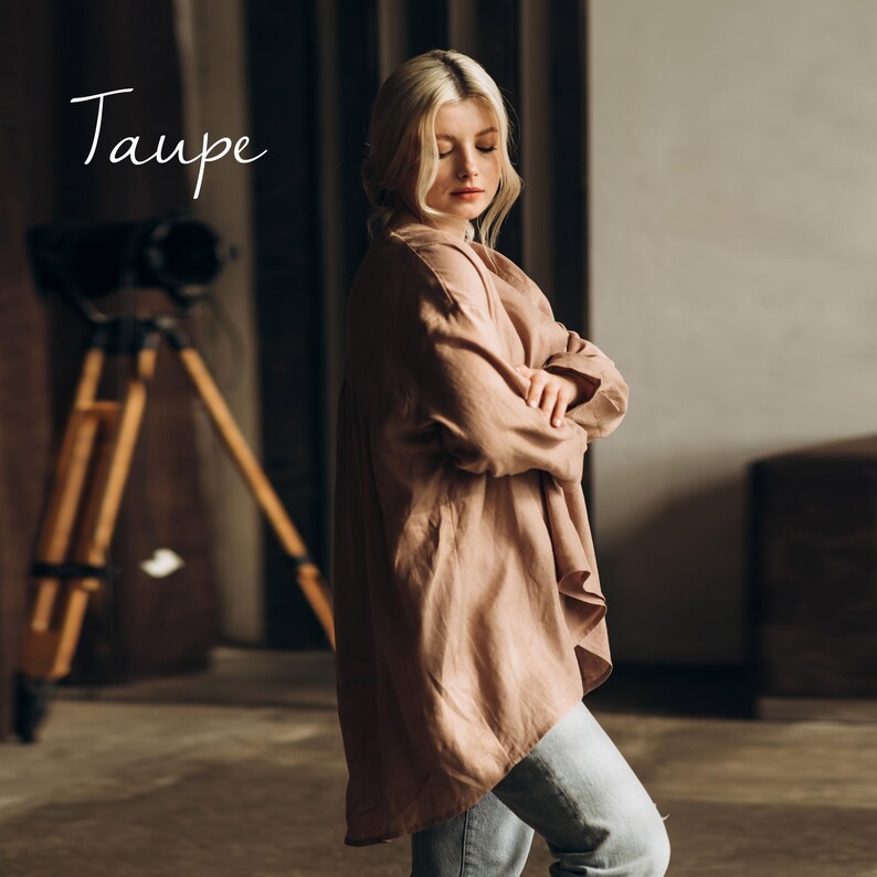 Front view of a taupe linen top for women, blending neutral tones with a timeless, versatile style.