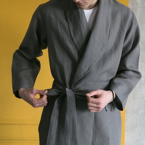Men's Linen Robe Dressing Gown Gift for Him Wedding Gift for Couples Bathrobe for Men Custom Groom / Groomsmen Gifts Gray
