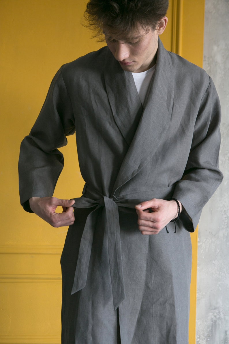 Men's Linen Robe Dressing Gown Gift for Him Wedding Gift for Couples Bathrobe for Men Custom Groom / Groomsmen Gifts Gray