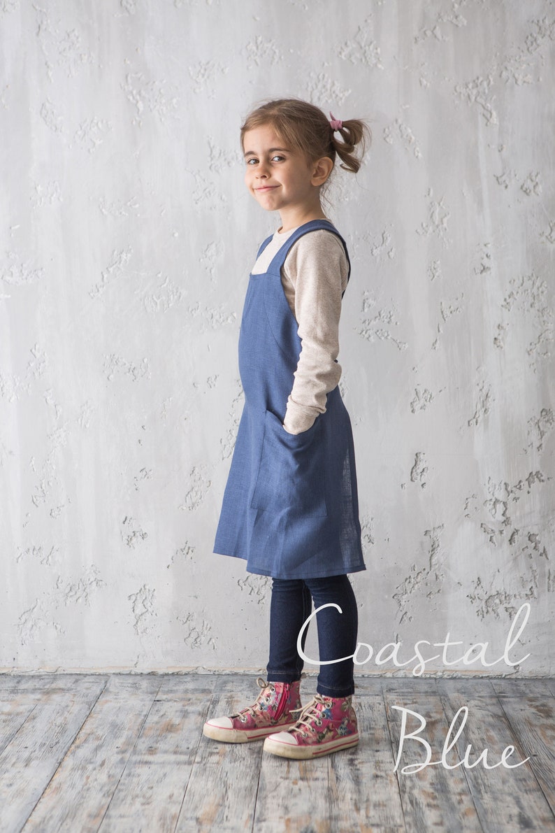 Linen Apron for Kids Apron with Pockets Linen Pinafore Cross Back Japanese Apron Children Craft Baking Pinafore Montessori Gift image 4