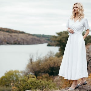 Linen Wedding Dress - Wedding Dress with Pockets - Simple White Dress with Sleeves - Long Linen Wrap Dress - Alternative Wedding Dress