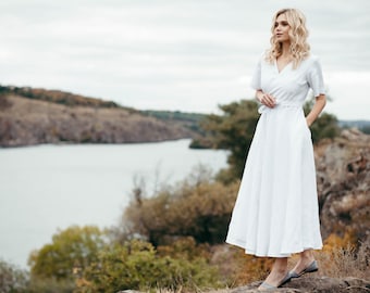 Linen Wedding Dress - Wedding Dress with Pockets - Simple White Dress with Sleeves - Long Linen Wrap Dress - Alternative Wedding Dress