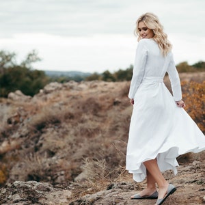 Linen Wedding Dress Wedding Dress with Pockets Simple White Dress with Sleeves Long Linen Wrap Dress Alternative Wedding Dress image 7