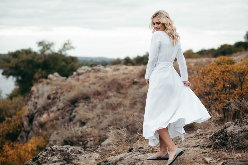 Linen Wedding Dress Wedding Dress with Pockets Simple White Dress with Sleeves Long Linen Wrap Dress Alternative Wedding Dress image 7