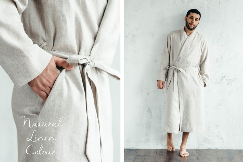 Men's Linen Robe Dressing Gown Gift for Him Wedding Gift for Couples Bathrobe for Men Custom Groom / Groomsmen Gifts Natural Linen