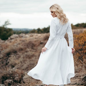 Linen Wedding Dress Wedding Dress with Pockets Simple White Dress with Sleeves Long Linen Wrap Dress Alternative Wedding Dress Long Sleeve