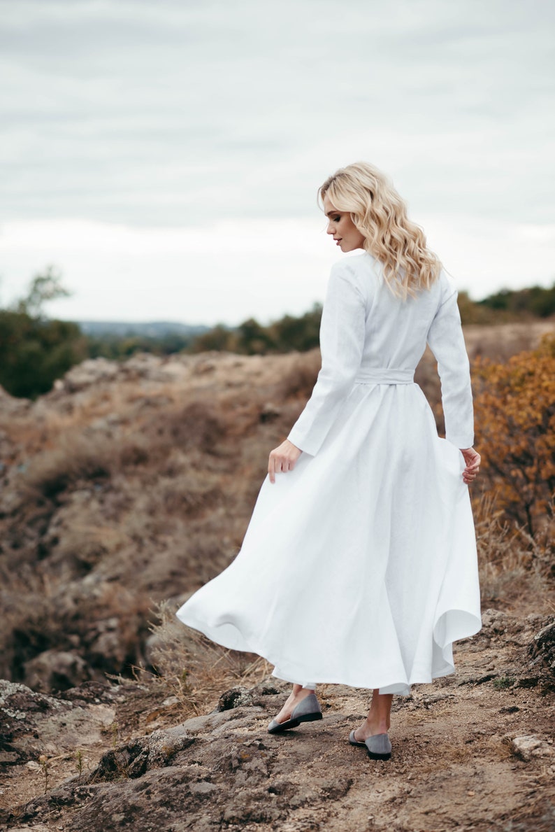 Linen Wedding Dress Wedding Dress with Pockets Simple White Dress with Sleeves Long Linen Wrap Dress Alternative Wedding Dress Long Sleeve