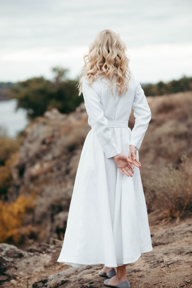 Linen Wedding Dress Wedding Dress with Pockets Simple White Dress with Sleeves Long Linen Wrap Dress Alternative Wedding Dress image 9