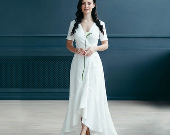 Linen Wedding Dress - Wrap Wedding Dress - Boho Linen Wedding Dress - White Linen Dress  - High Low Waterfall Skirt - Simple Wedding Gown