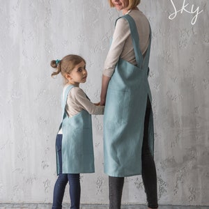 Linen Apron for Kids Apron with Pockets Linen Pinafore Cross Back Japanese Apron Children Craft Baking Pinafore Montessori Gift Nordic Sky