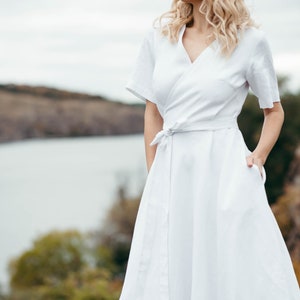 Linen Wedding Dress Wedding Dress with Pockets Simple White Dress with Sleeves Long Linen Wrap Dress Alternative Wedding Dress image 5