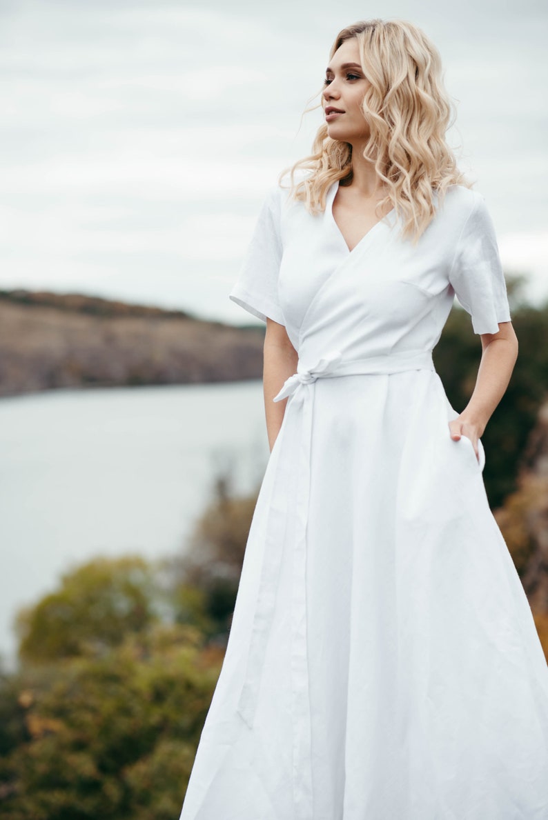 Linen Wedding Dress Wedding Dress with Pockets Simple White Dress with Sleeves Long Linen Wrap Dress Alternative Wedding Dress image 5